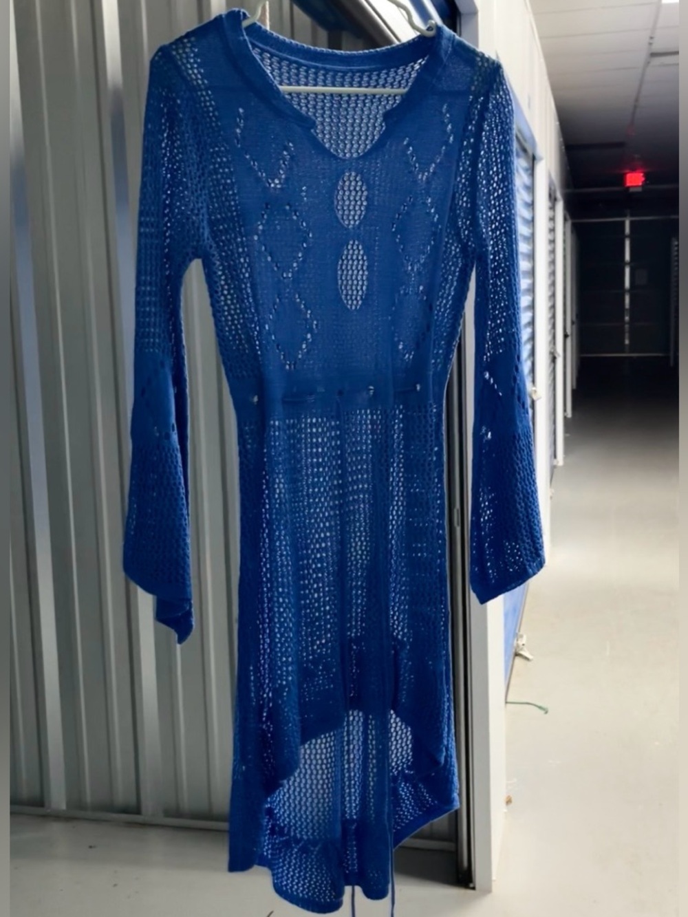 Brilliant Blue Open Eyelet Knit Crochet Swim Coverup w/ Adjustable Waist Cinch